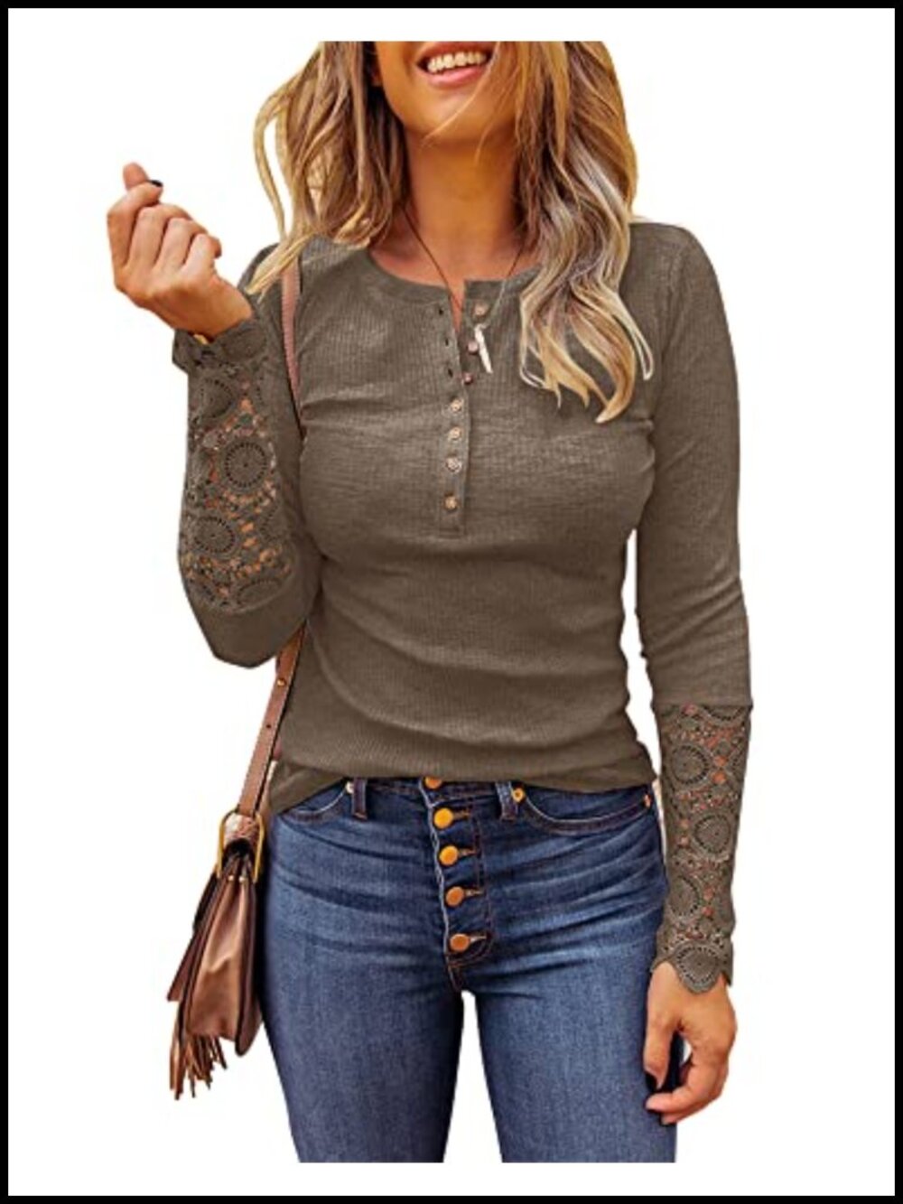 Lace Trim Ribbed Button Down Tunic Blouse Long Sleeve Crew Neck Casual